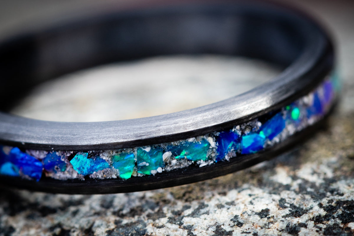 Carbon fiber cremation ring Egyptian blue, lavender and Jade Green