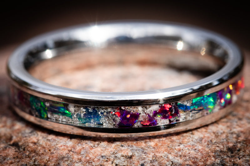 thin stainless steel ring in peacock and plum purple