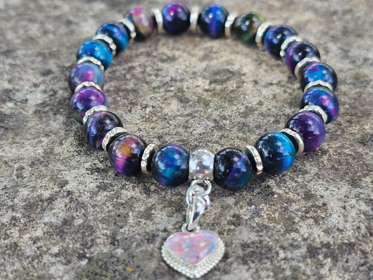 Rainbow Tiger Eye Bracelet with Braided Cremation Heart